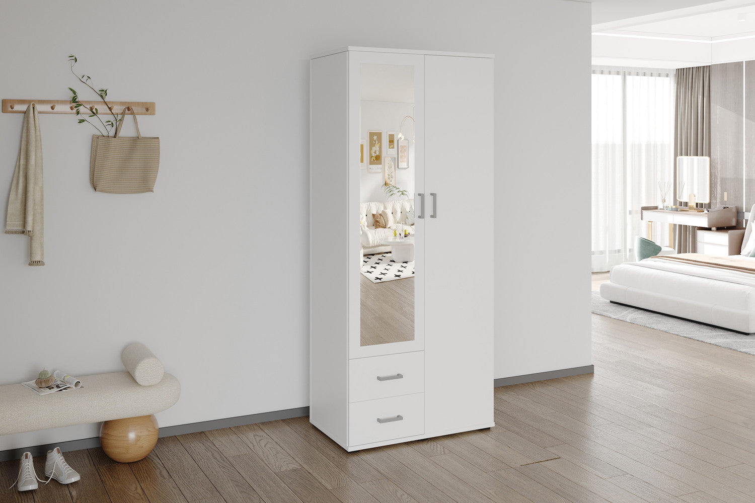 Kledingkast 'Marc' 2 deuren met spiegel Wit – Rousseau 6905-1
