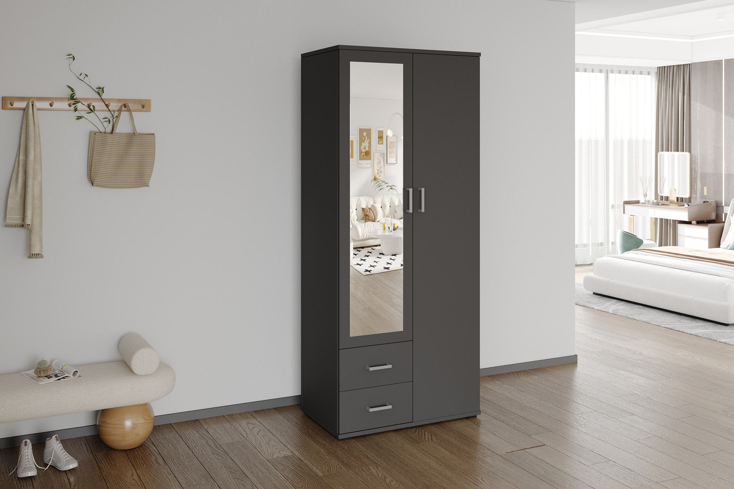 NEW - Kledingkast 'Marc' 2 deuren met spiegel Donkergrijs – Rousseau 6905-3
