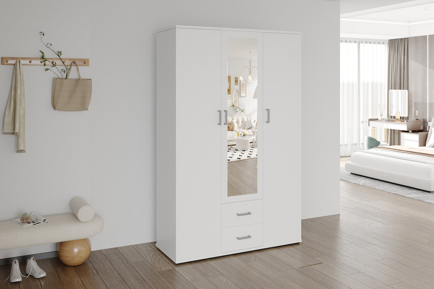 Kledingkast 'Marc' 3 deuren met spiegel Wit – Rousseau 6915-1
