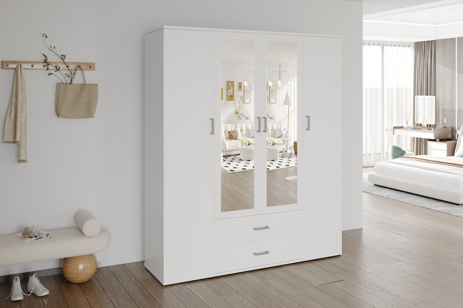 Kledingkast 'Marc' 4 deuren met 2 spiegels Wit – Rousseau 6925-1