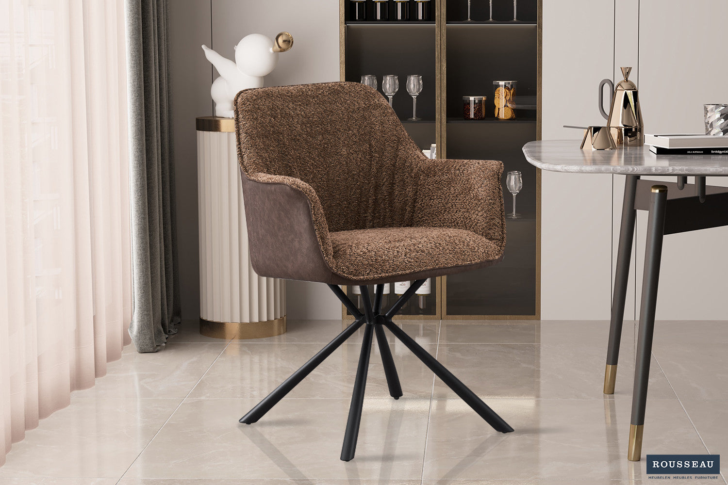 SALE - Stoel 'Lucie' Bouclé Zand Rug PU Bruin - afbeelding 2