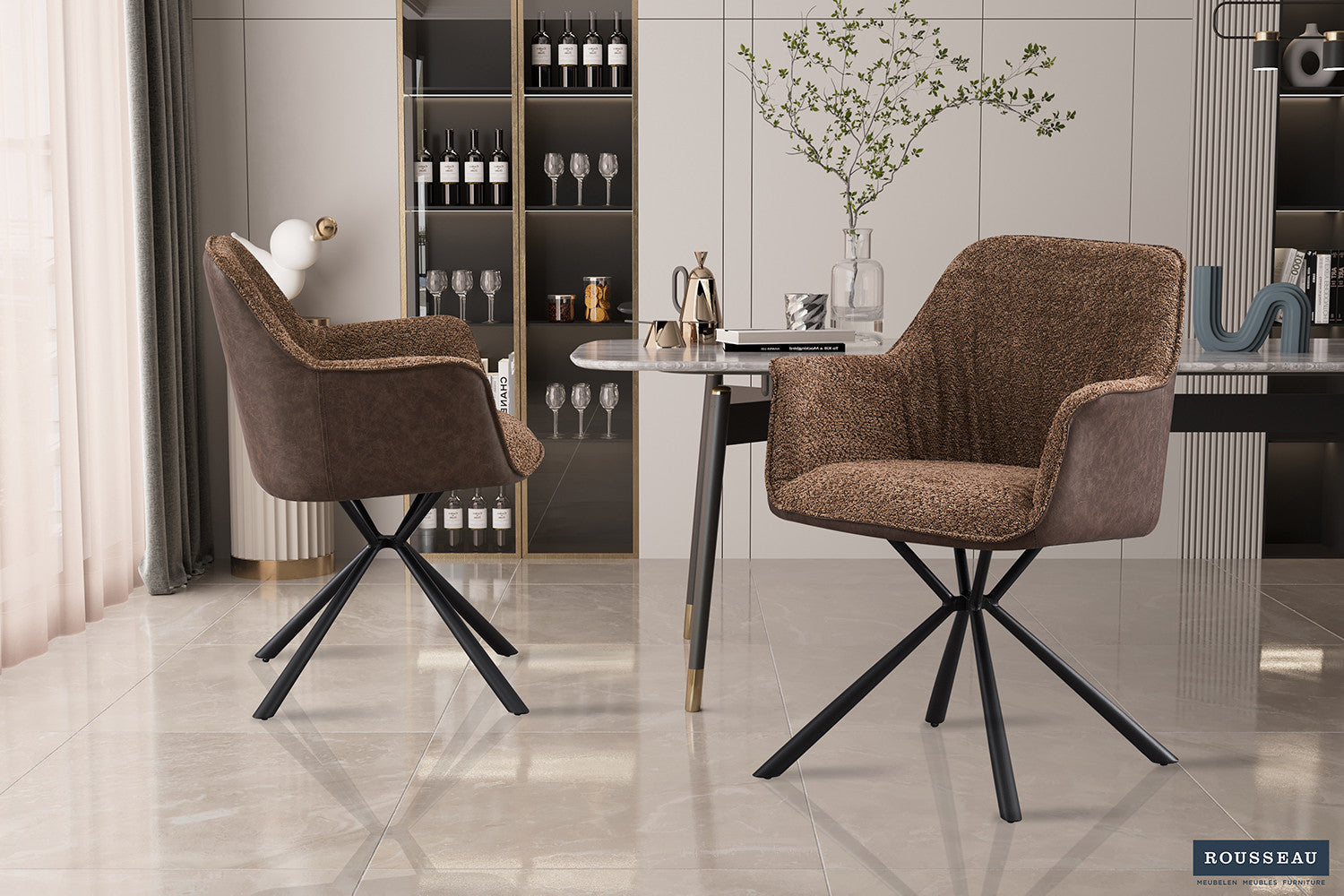 SALE - Stoel 'Lucie' Bouclé Zand Rug PU Bruin – Rousseau 9145-11