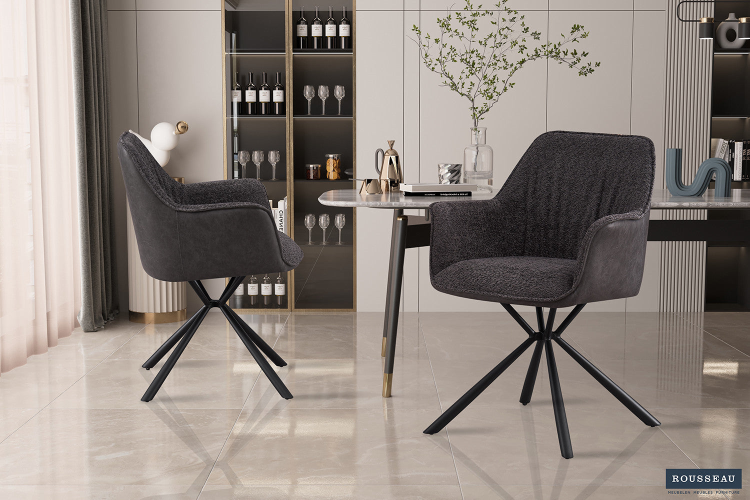 SALE - Stoel 'Lucie' Bouclé Grijs Rug PU Lichtgrijs – Rousseau 9145-14
