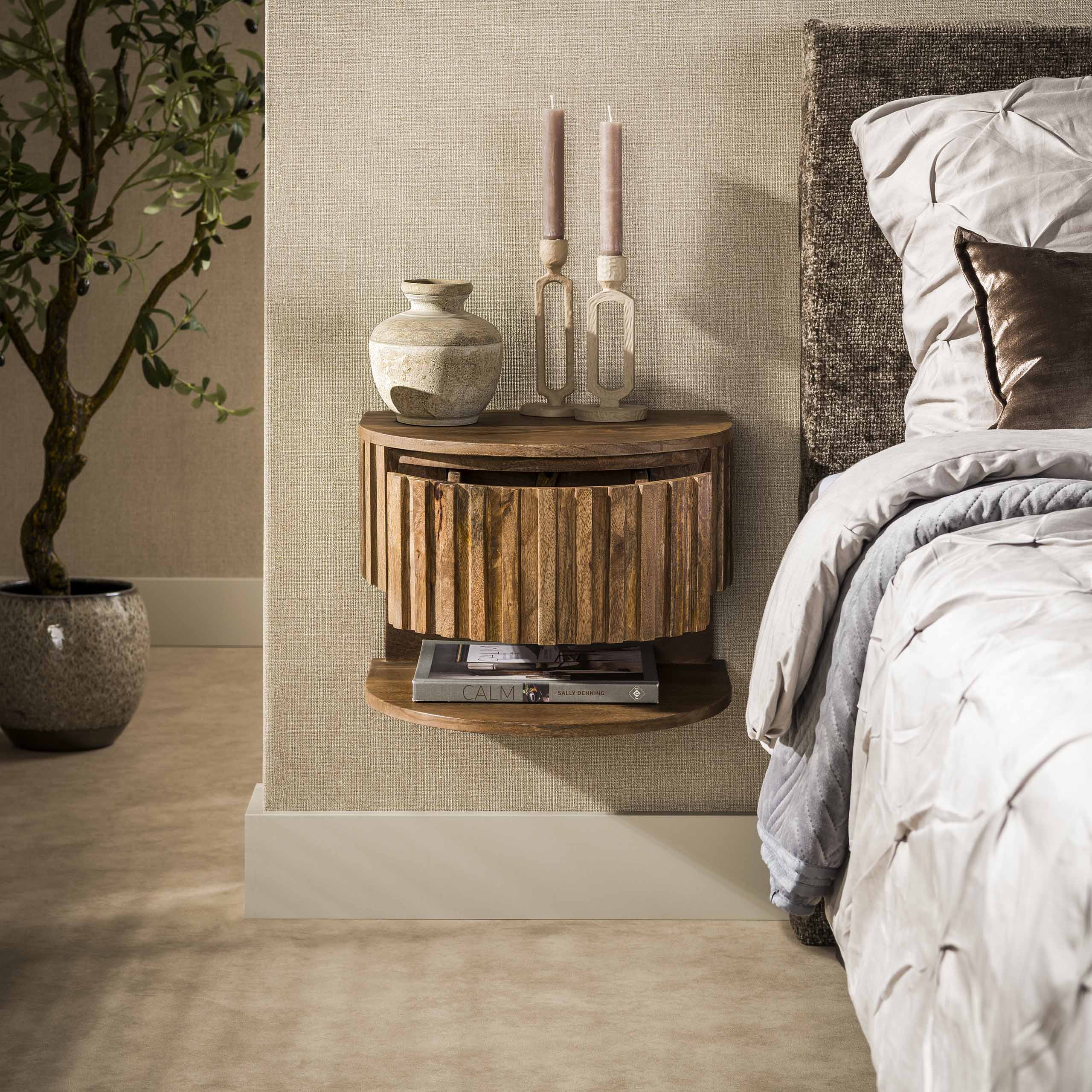 Nachtkastje Ridge shelve zwevend 1 lade / Massief mango zand – afbeelding 2